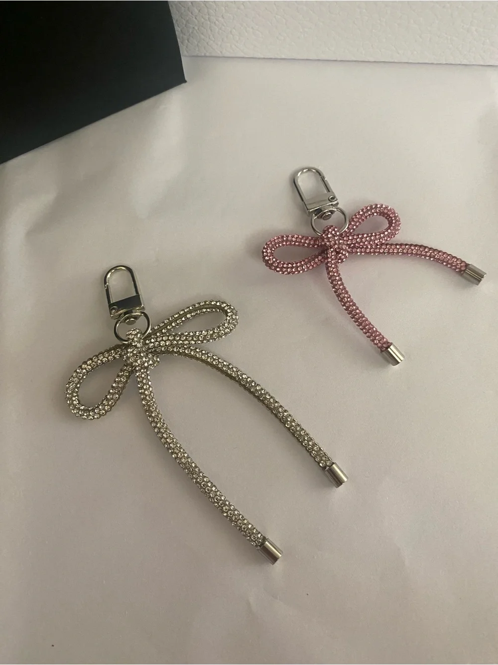 Crystal Bow Keychain Charm Clips - Pink and Silver